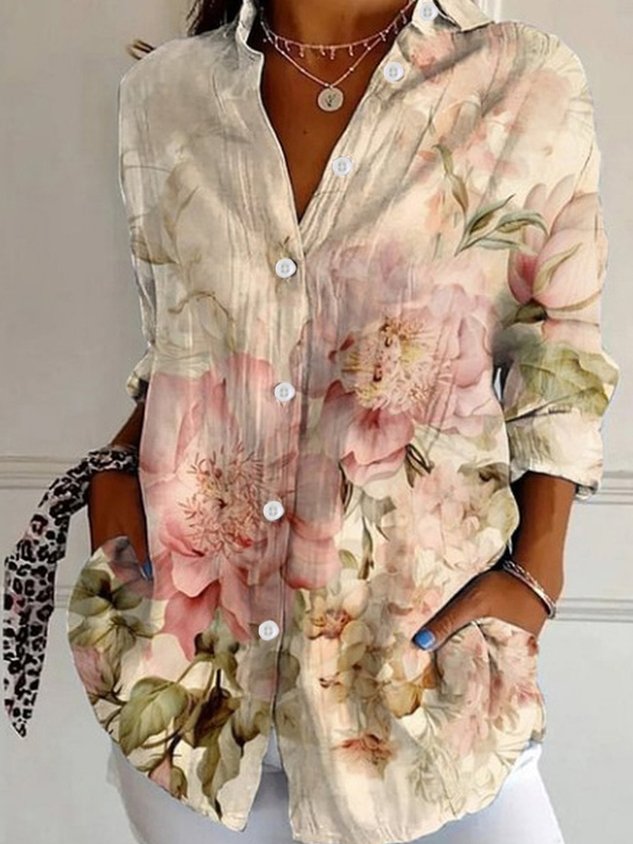 Women's Shirt Cotton Button Up Floral Geometric Basic Blouse Casual Long Sleeve Shirt Collar Daily Top