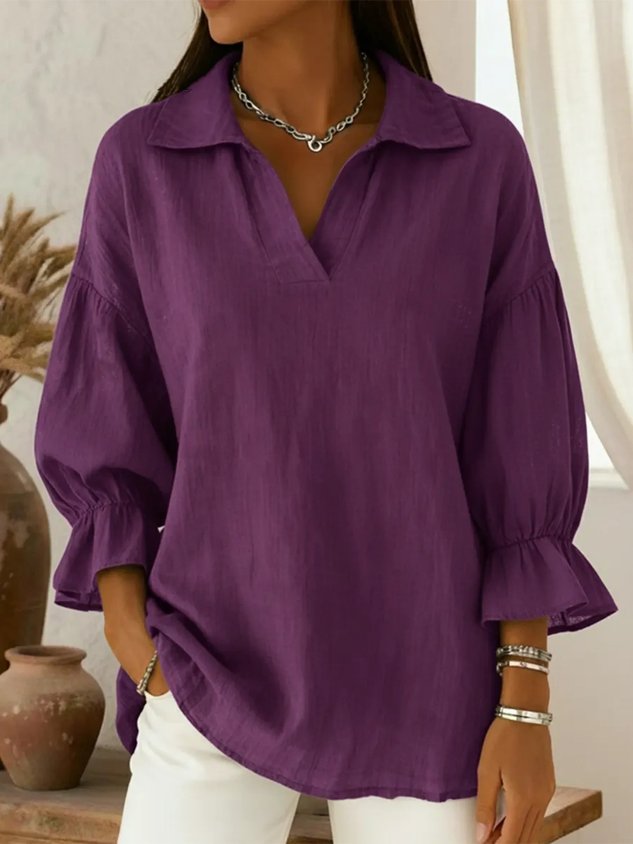 Shawl Collar Puff Sleeve Three Quarter Sleeve Plain Split Joint Regular Micro-Elasticity Loose Tunic Shirt For Women