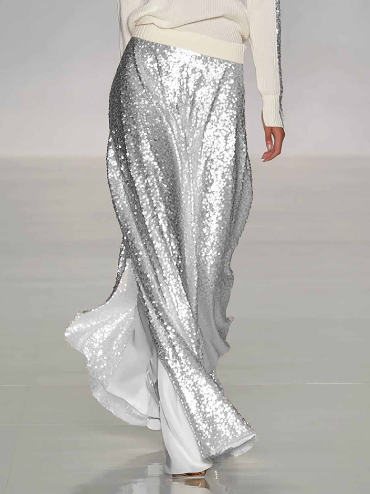 Women's Fashionable Casual Round Neck Knitted Top With Sequined Long Skirt Suit