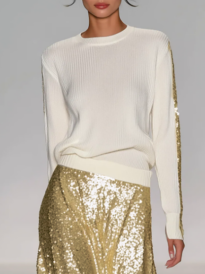 Women's Fashionable Casual Round Neck Knitted Top With Sequined Long Skirt Suit