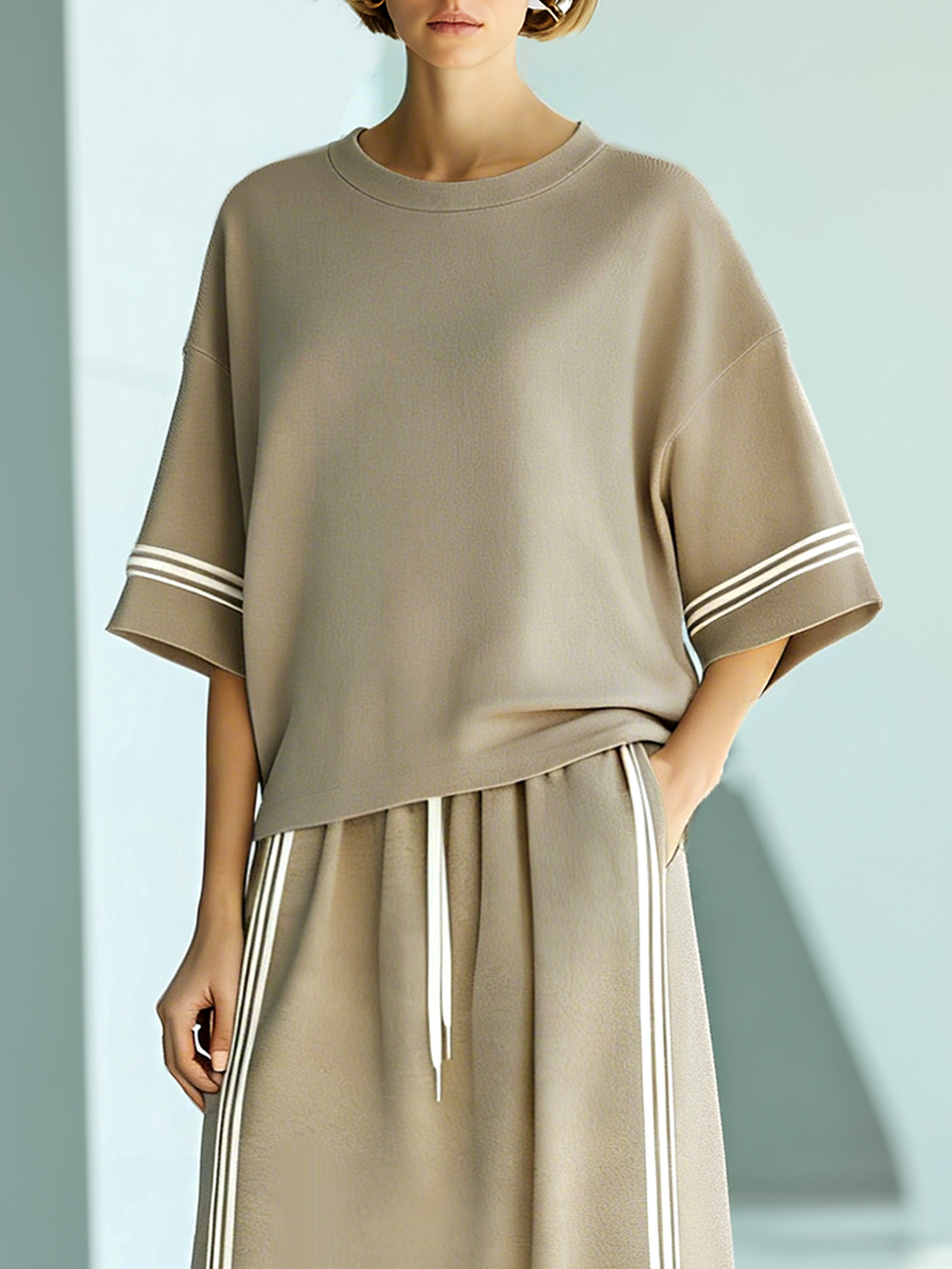 Women's Fashionable Casual Light Khaki Color-block T-shirt And Long Skirt Set