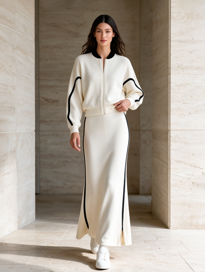 Off-white Knitted Baseball Jacket And High-waisted Slit Skirt Set