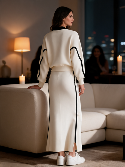 Off-white Knitted Baseball Jacket And High-waisted Slit Skirt Set