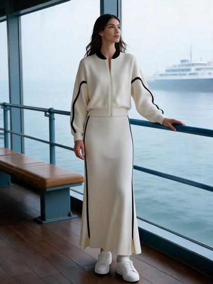 Off-white Knitted Baseball Jacket And High-waisted Slit Skirt Set