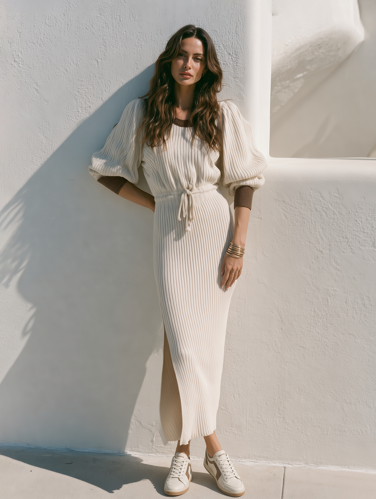 Off-white belted knit midi dress with a fitted waist