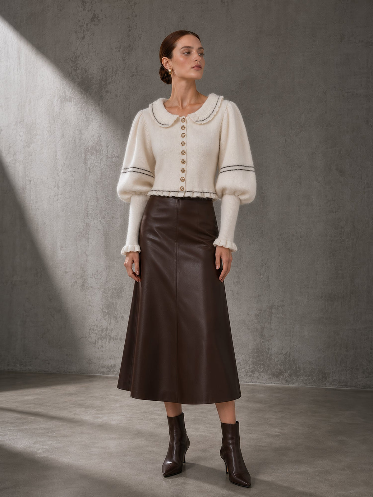Cream Peter Pan Collar Cardigan & Chocolate Leather Midi Skirt Set