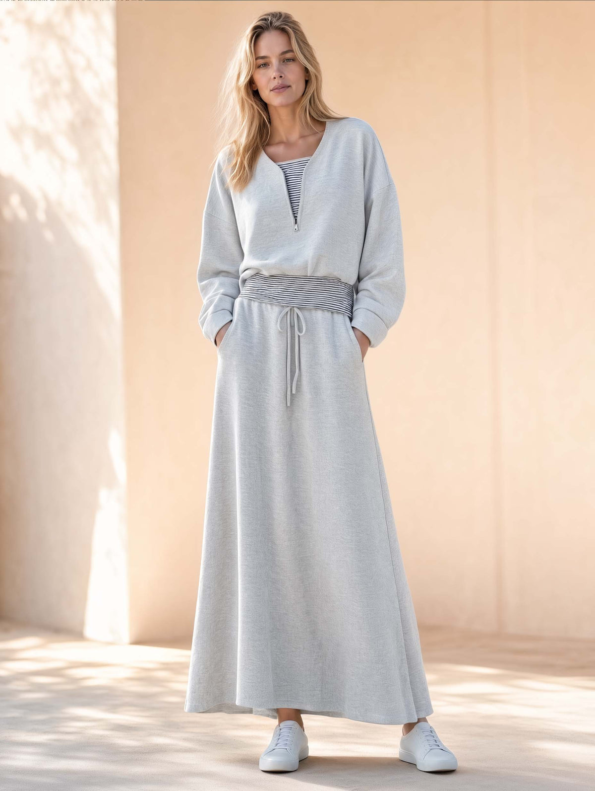 Athleisure-style Grey Long-sleeve "faux-layered" Top And Maxi Skirt Set