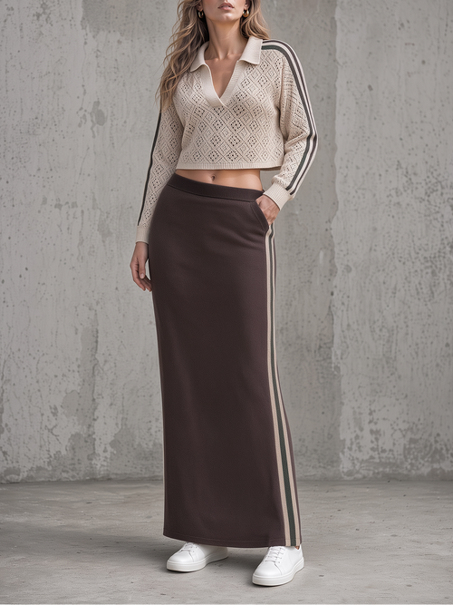Beige Pointelle Knit Polo & Brown Side-Stripe Maxi Skirt Set