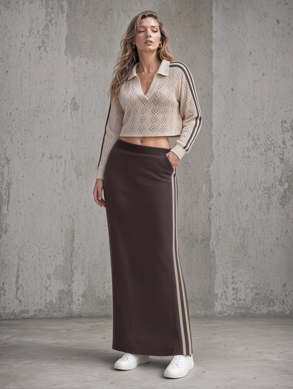 Beige Pointelle Knit Polo & Brown Side-Stripe Maxi Skirt Set