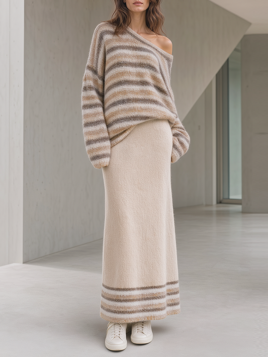 Brown Striped Off‑Shoulder Knit Top Maxi Skirt Set