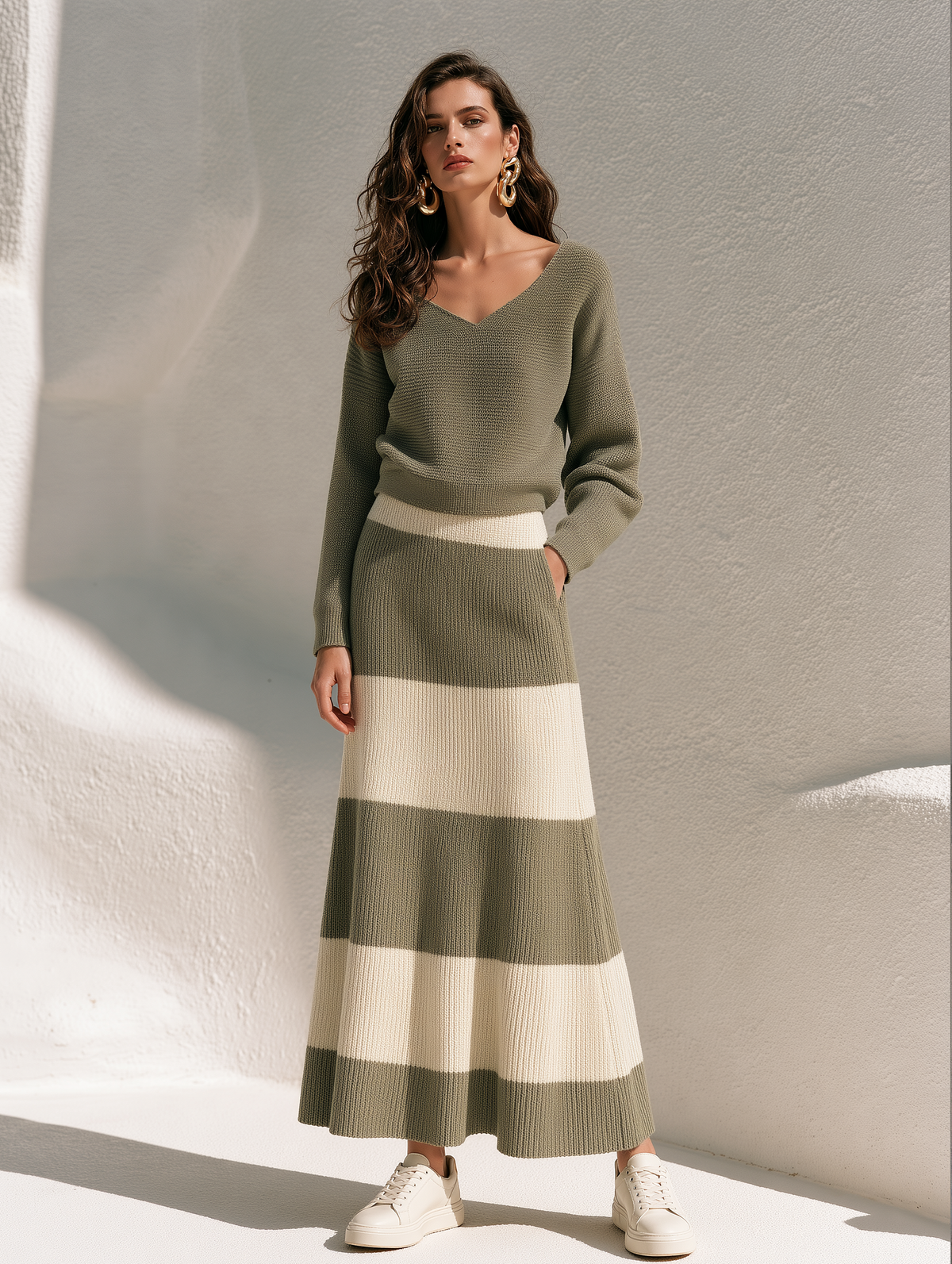 Loose V-neck Knit Sweater And Loose Knit Maxi Skirt Set