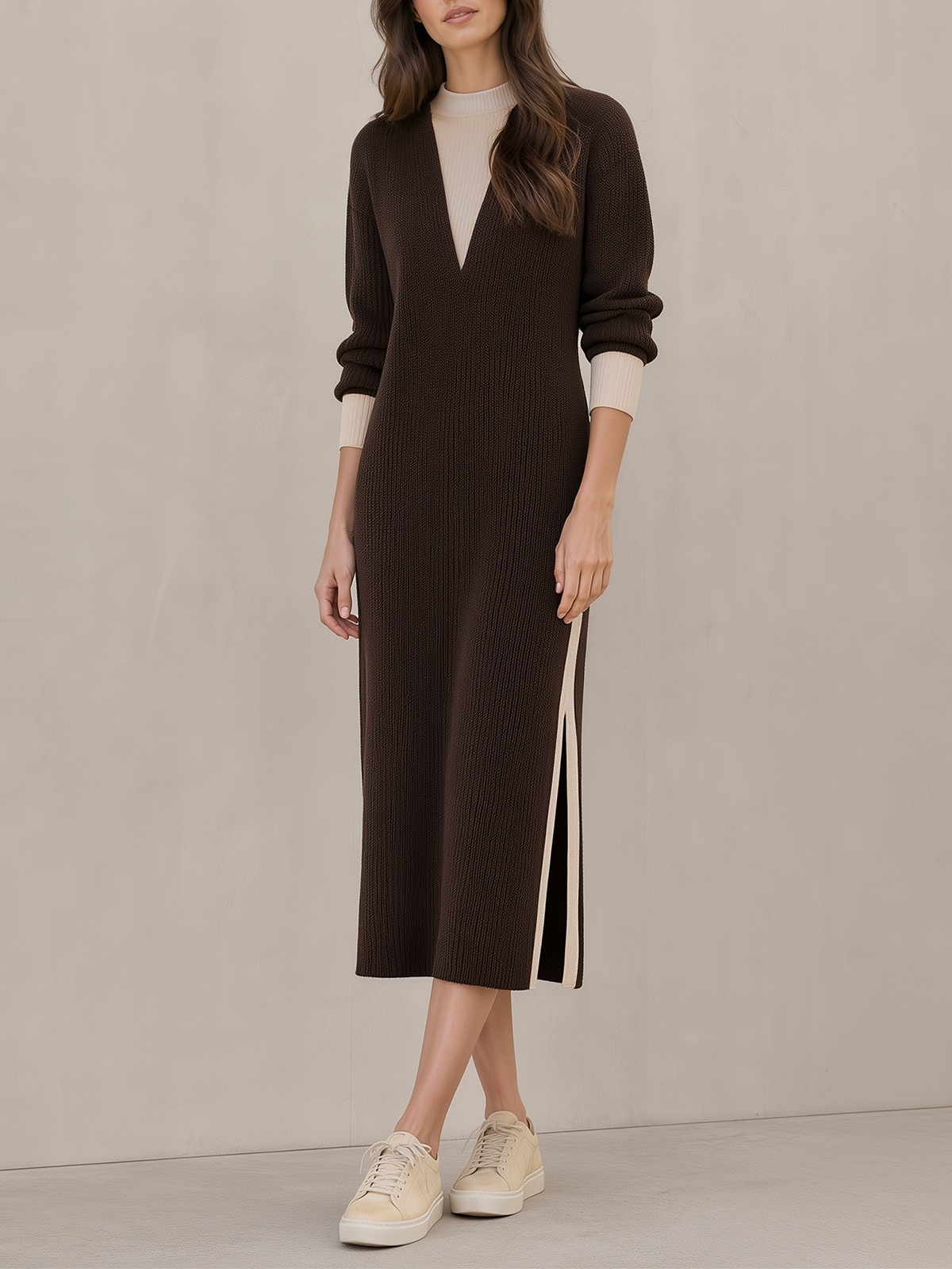 Dark Brown Color-block Faux Two‑Piece Slit Knit Long Skirt