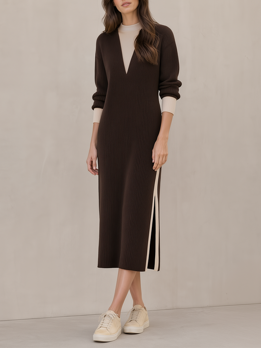 Dark Brown Color-block Faux Two‑Piece Slit Knit Long Skirt