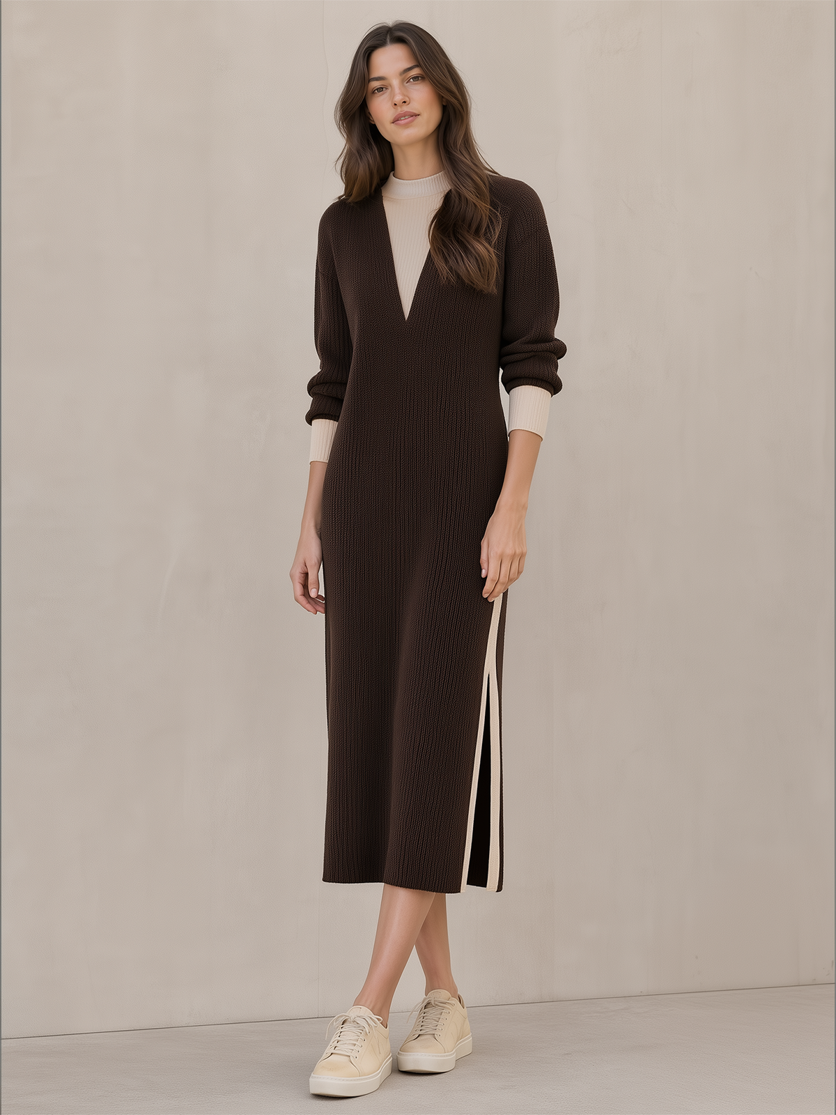 Dark Brown Color-block Faux Two‑Piece Slit Knit Long Skirt