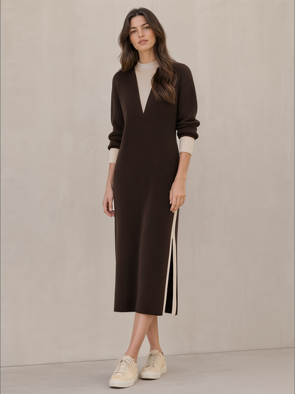 Dark Brown Color-block Faux Two‑Piece Slit Knit Long Skirt