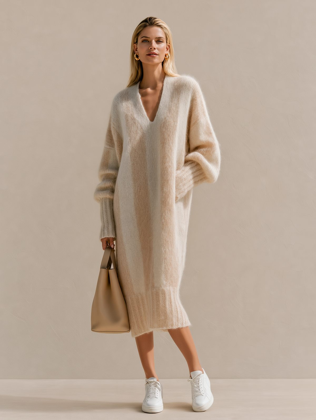 Beige Vertical-stripe V-neck Knit Sweater Dress