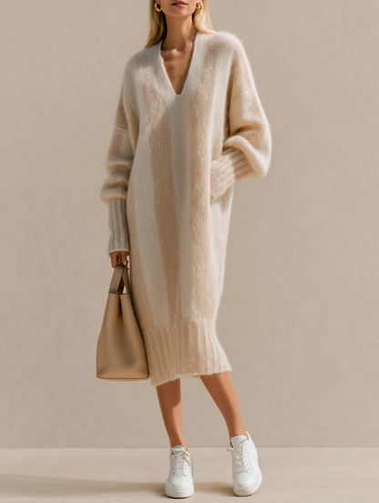 Beige Vertical-stripe V-neck Knit Sweater Dress