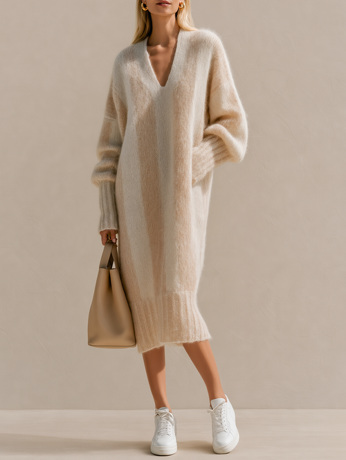 Beige Vertical-stripe V-neck Knit Sweater Dress