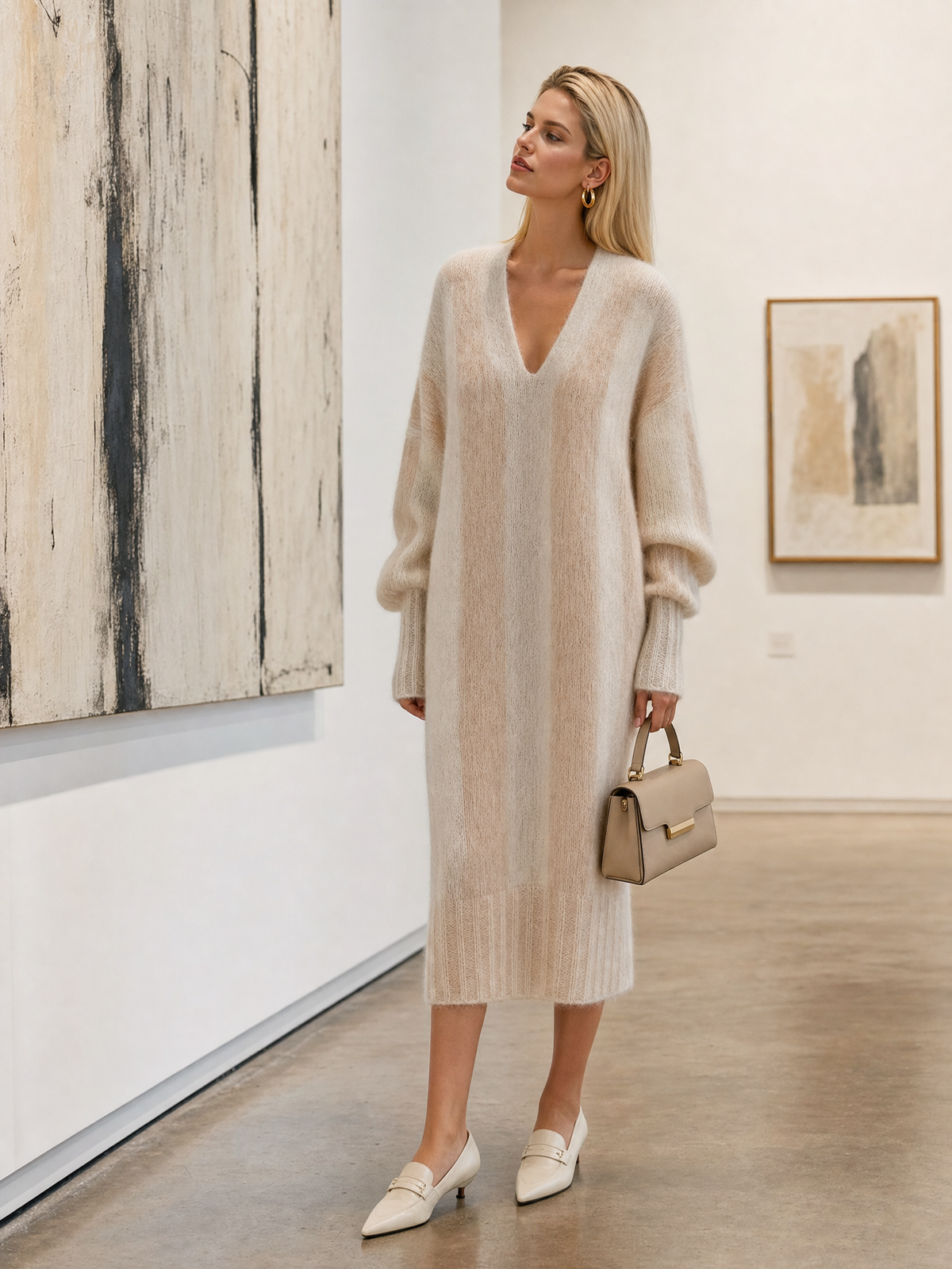 Beige Vertical-stripe V-neck Knit Sweater Dress