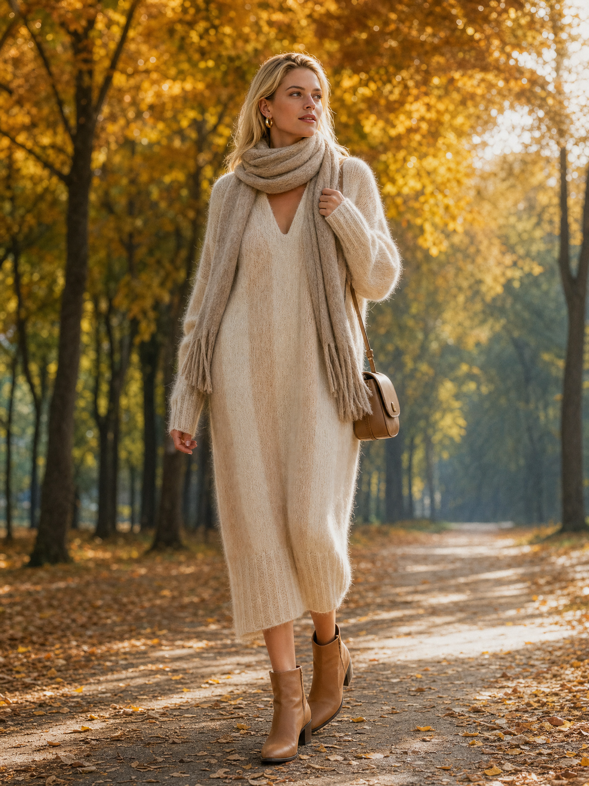 Beige Vertical-stripe V-neck Knit Sweater Dress