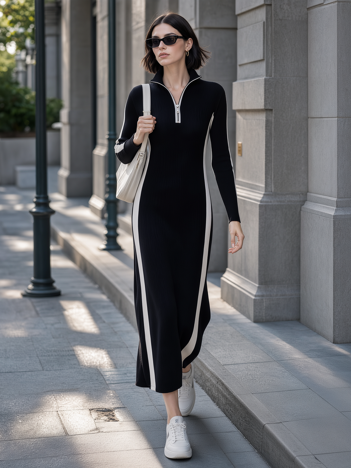 Black And White Color Block Half Zip Collar Ribbed Knit Maxi Dress