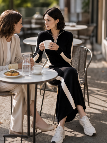 Black And White Color Block Half Zip Collar Ribbed Knit Maxi Dress