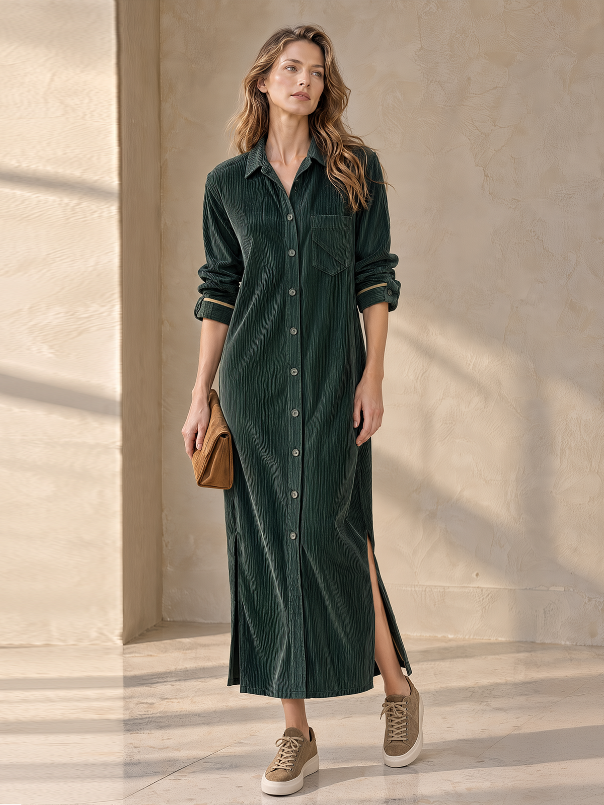 Dark Green Corduroy Long Sleeve Button-Up Maxi Shirt Dress