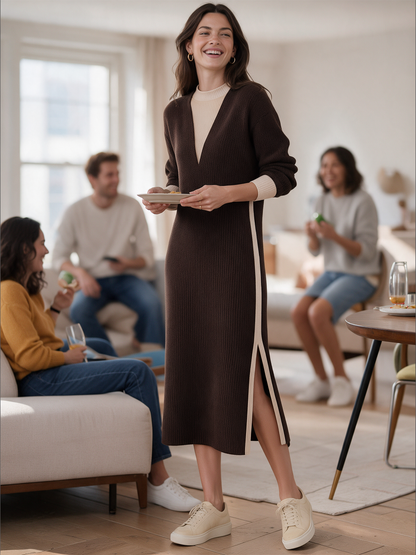 Dark Brown Color-block Faux Two‑Piece Slit Knit Long Skirt