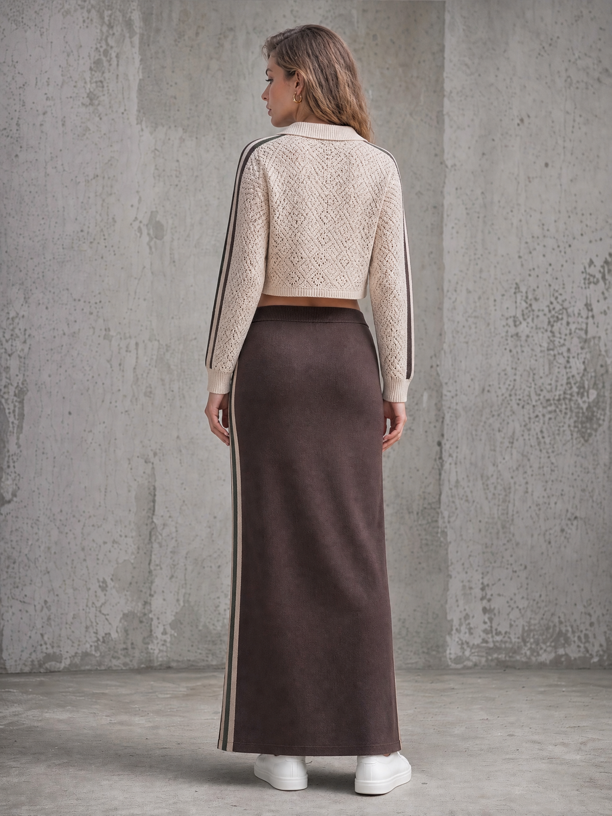 Beige Pointelle Knit Polo & Brown Side-Stripe Maxi Skirt Set