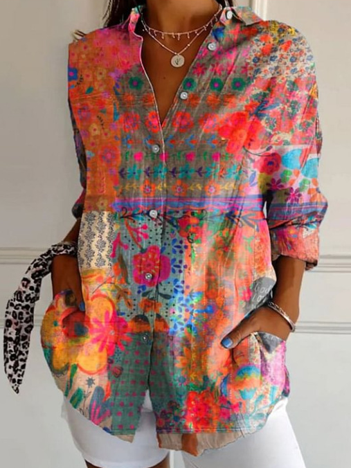 Women's Shirt Cotton Button Up Floral Geometric Basic Blouse Casual Long Sleeve Shirt Collar Daily Top