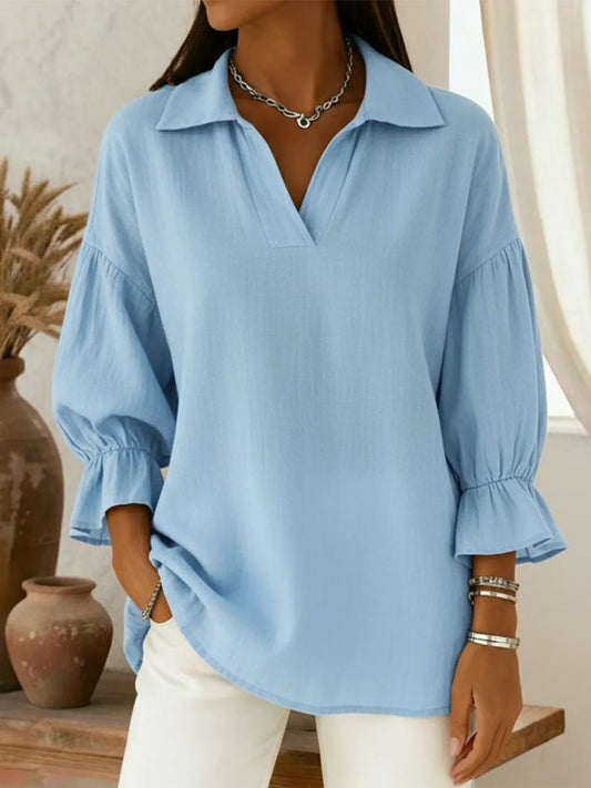 Shawl Collar Puff Sleeve Three Quarter Sleeve Plain Split Joint Regular Micro-Elasticity Loose Tunic Shirt For Women