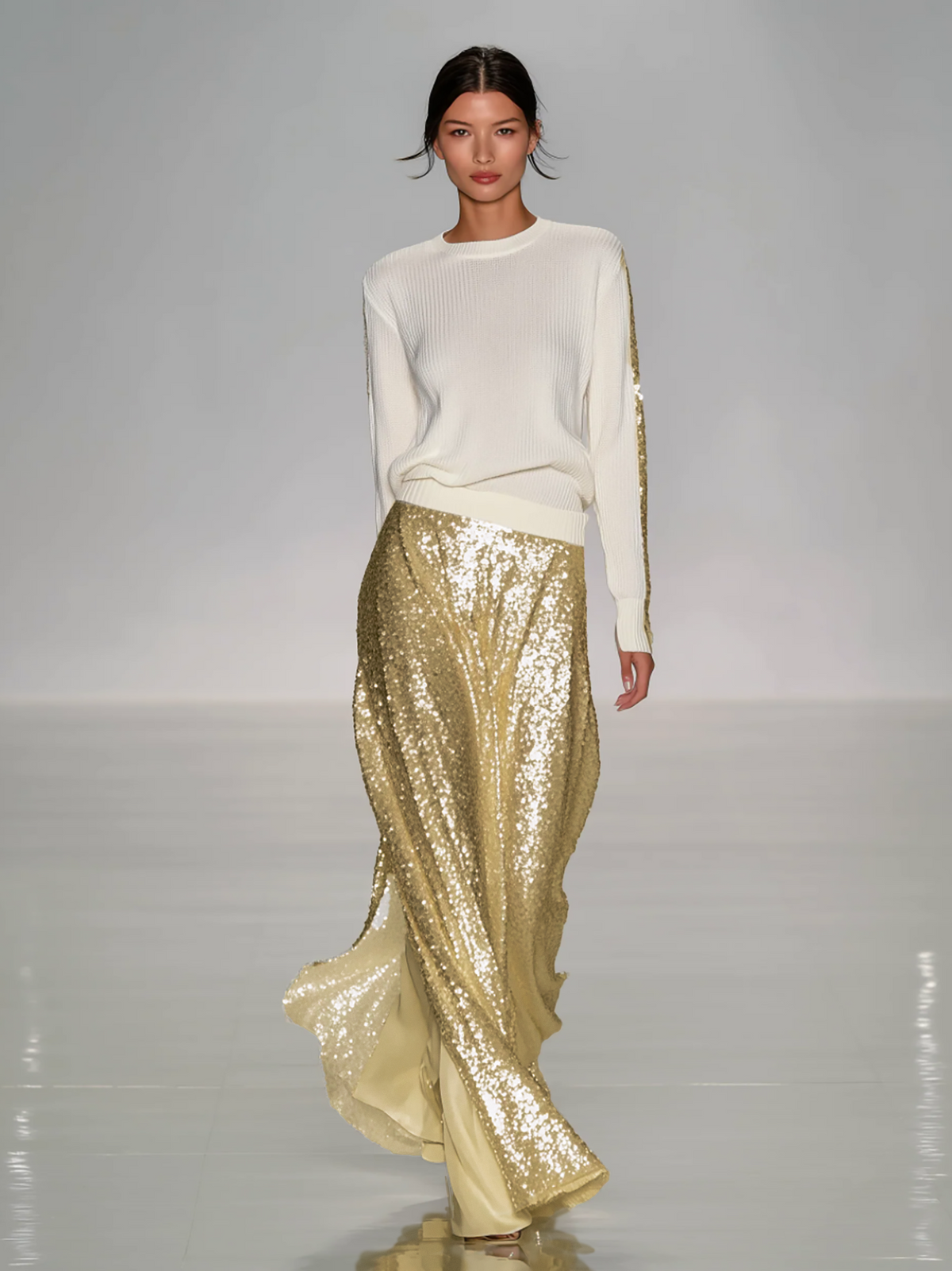 Women's Fashionable Casual Round Neck Knitted Top With Sequined Long Skirt Suit