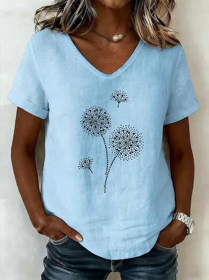 Crew Neck Short Sleeve Dandelion Regular Loose Tunic Blouse For Women