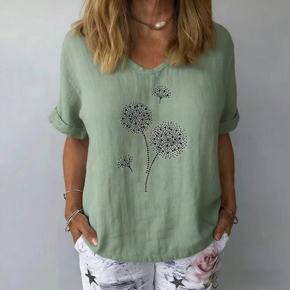 Crew Neck Short Sleeve Dandelion Regular Loose Tunic Blouse For Women