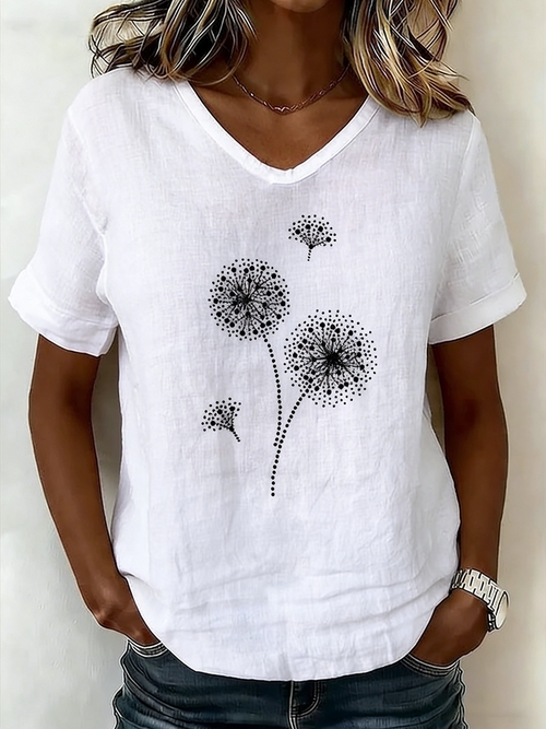 Crew Neck Short Sleeve Dandelion Regular Loose Tunic Blouse For Women