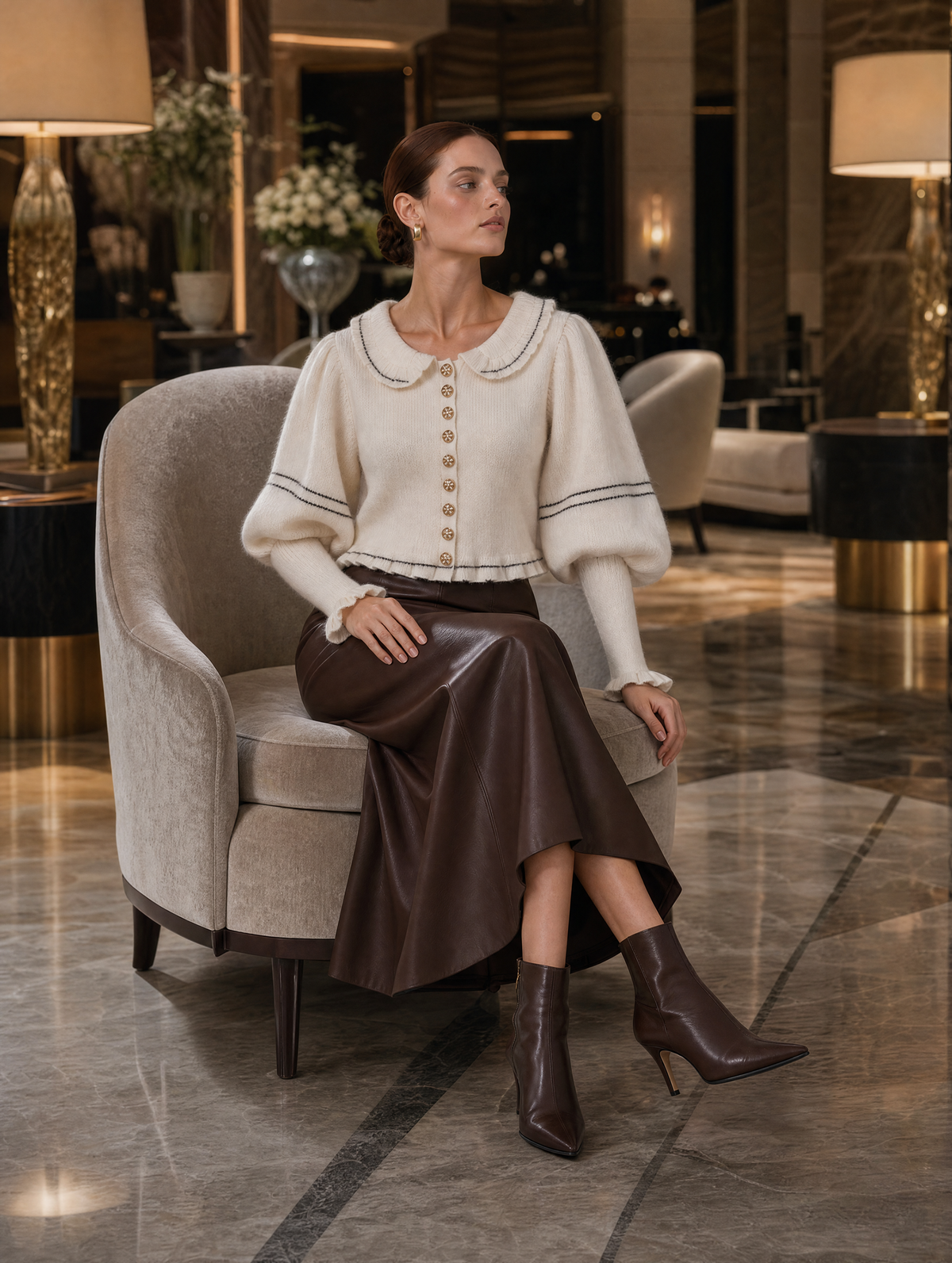 Cream Peter Pan Collar Cardigan & Chocolate Leather Midi Skirt Set