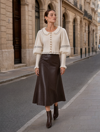 Cream Peter Pan Collar Cardigan & Chocolate Leather Midi Skirt Set