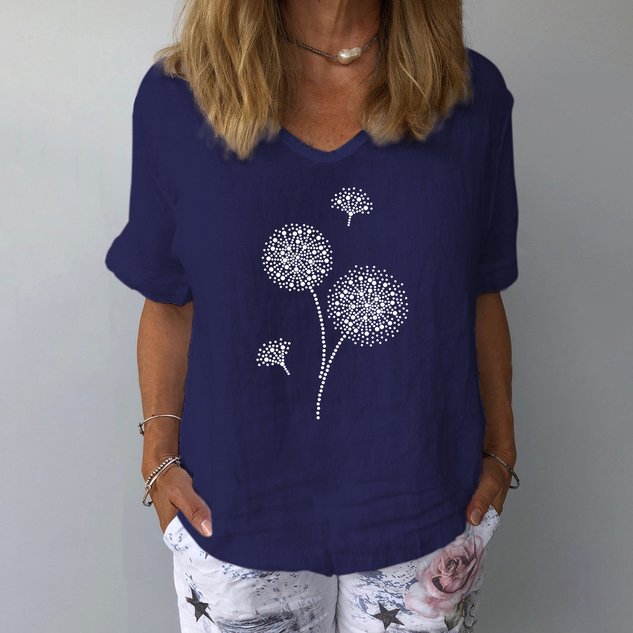 Crew Neck Short Sleeve Dandelion Regular Loose Tunic Blouse For Women