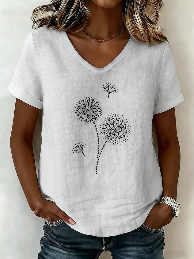 Crew Neck Short Sleeve Dandelion Regular Loose Tunic Blouse For Women