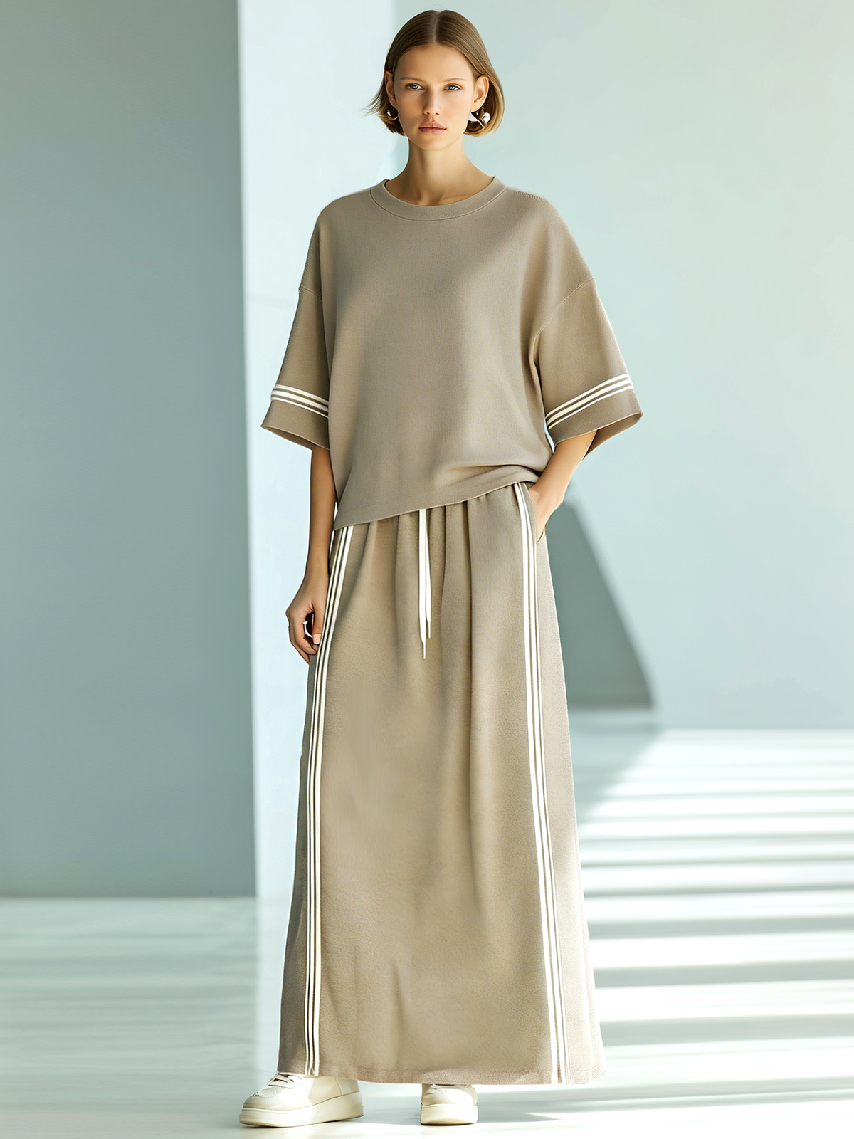 Women's Fashionable Casual Light Khaki Color-block T-shirt And Long Skirt Set
