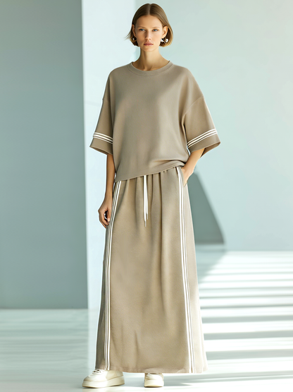 Women's Fashionable Casual Light Khaki Color-block T-shirt And Long Skirt Set