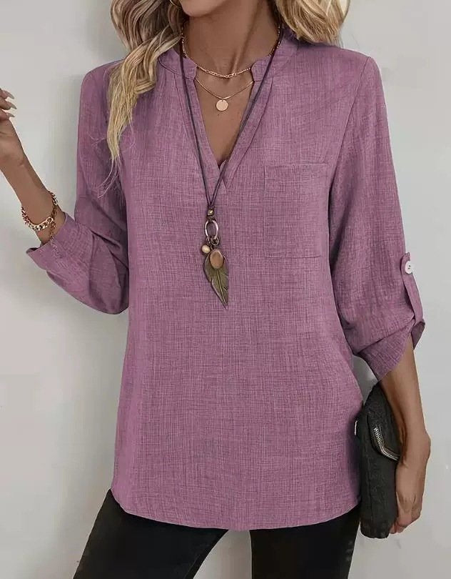 V Neck Three Quarter Sleeve Plain Split Joint Regular Micro-Elasticity Loose Tunic Shirt For Women