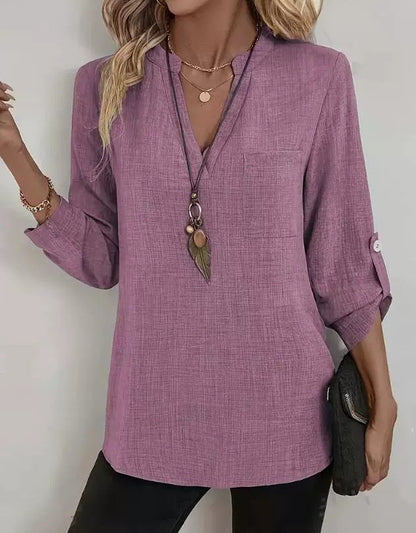 V Neck Three Quarter Sleeve Plain Split Joint Regular Micro-Elasticity Loose Tunic Shirt For Women