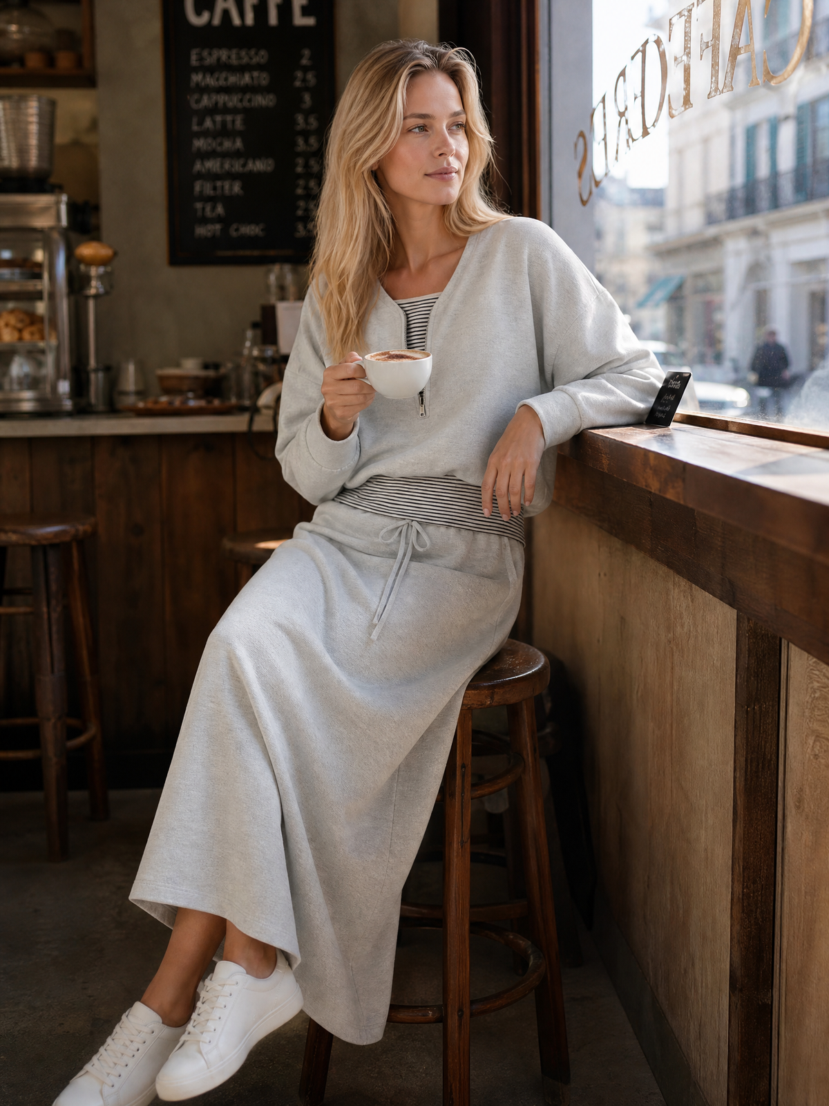 Athleisure-style Grey Long-sleeve "faux-layered" Top And Maxi Skirt Set