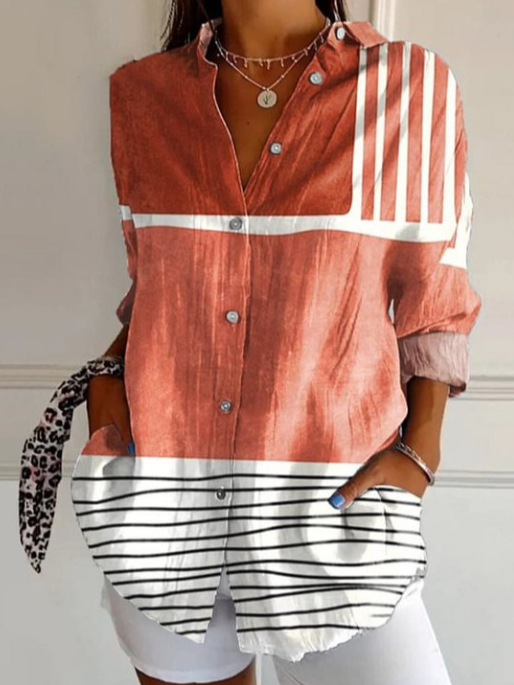 Women's Shirt Cotton Button Up Floral Geometric Basic Blouse Casual Long Sleeve Shirt Collar Daily Top