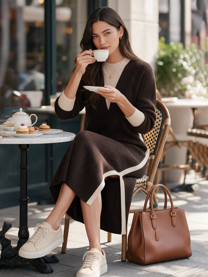 Dark Brown Color-block Faux Two‑Piece Slit Knit Long Skirt