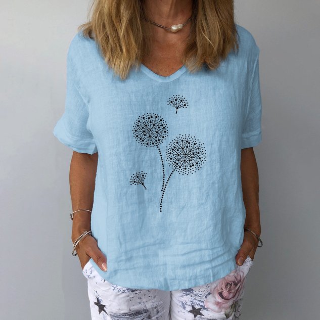 Crew Neck Short Sleeve Dandelion Regular Loose Tunic Blouse For Women