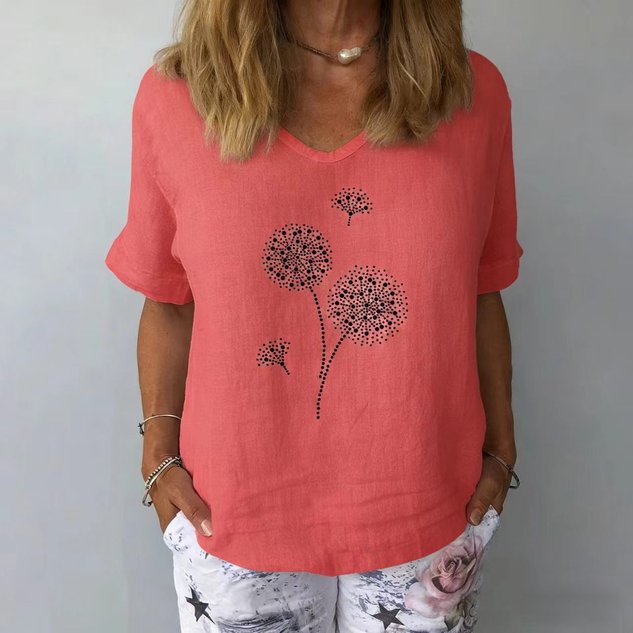 Crew Neck Short Sleeve Dandelion Regular Loose Tunic Blouse For Women