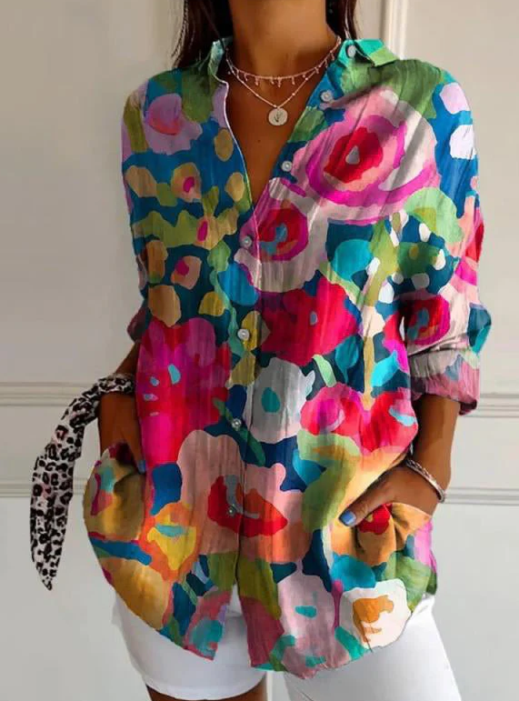 Women's Shirt Cotton Button Up Floral Geometric Basic Blouse Casual Long Sleeve Shirt Collar Daily Top