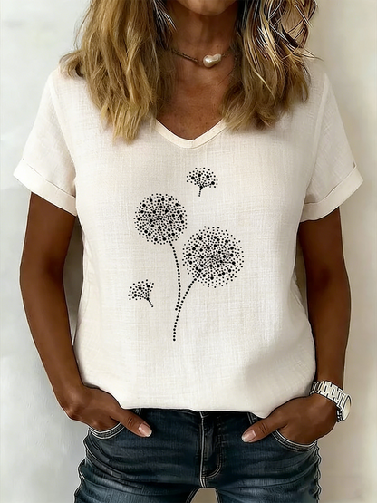 Crew Neck Short Sleeve Dandelion Regular Loose Tunic Blouse For Women